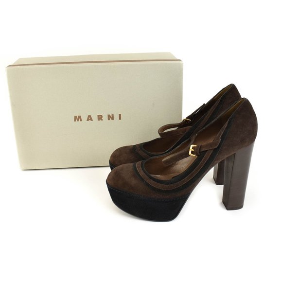 MARNI: Dark Brown/Black, Leather Platform Heels - Picture 2 of 8